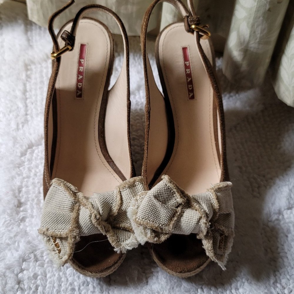 Prada Brown Suede Bow Slingback Wedge Platform